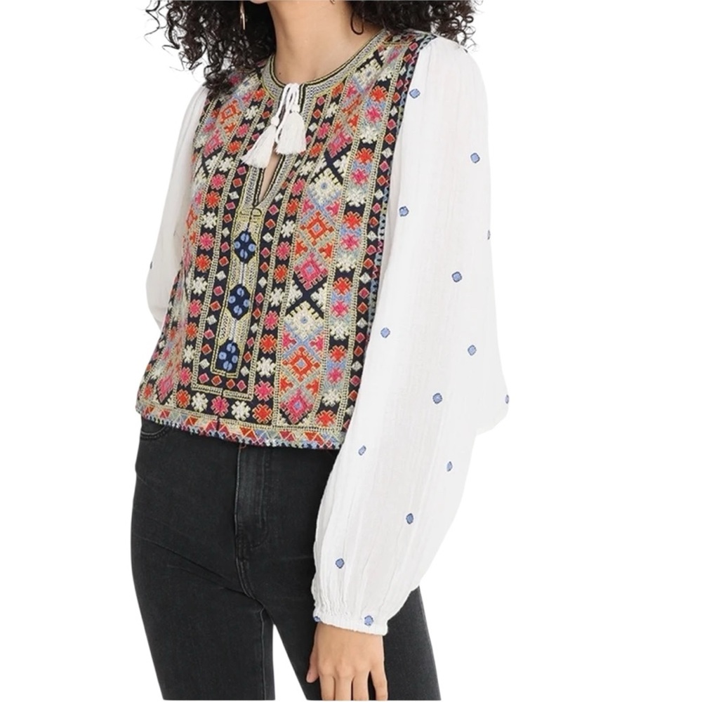 Free People Boho Embroidered Gauze Peasant Blouse w – White/Multi – Size L